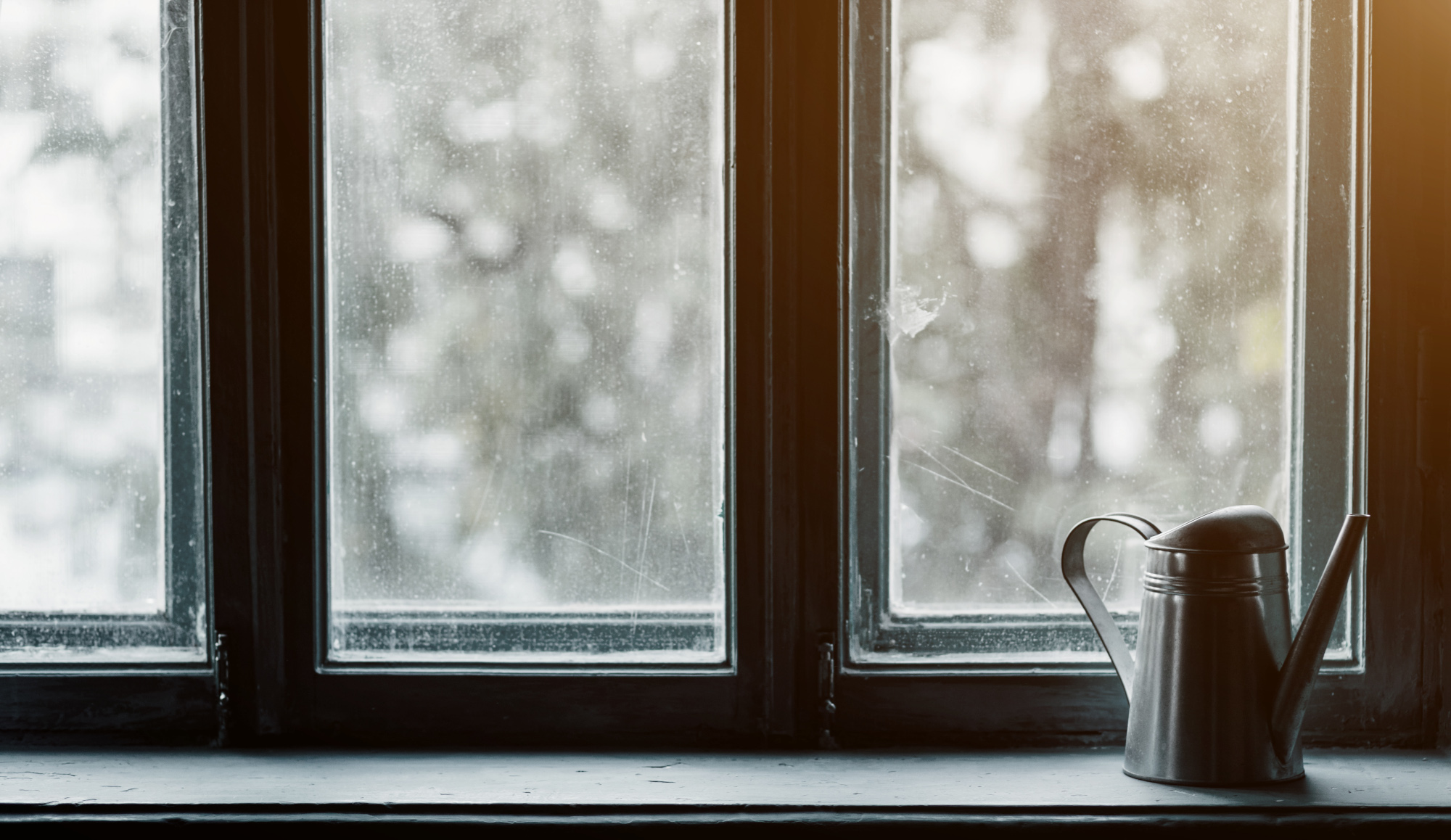 Watering can in front of dirty windows