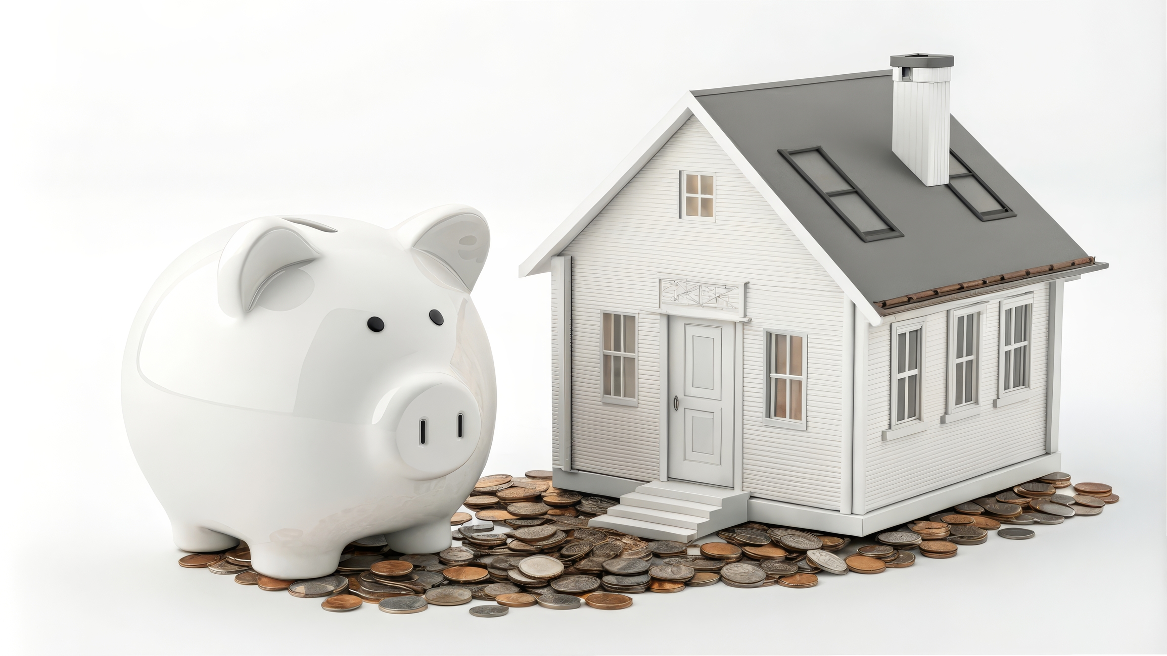 White piggy bank on a pile of coins next to a model house, symbolizing home investment and financial savings.