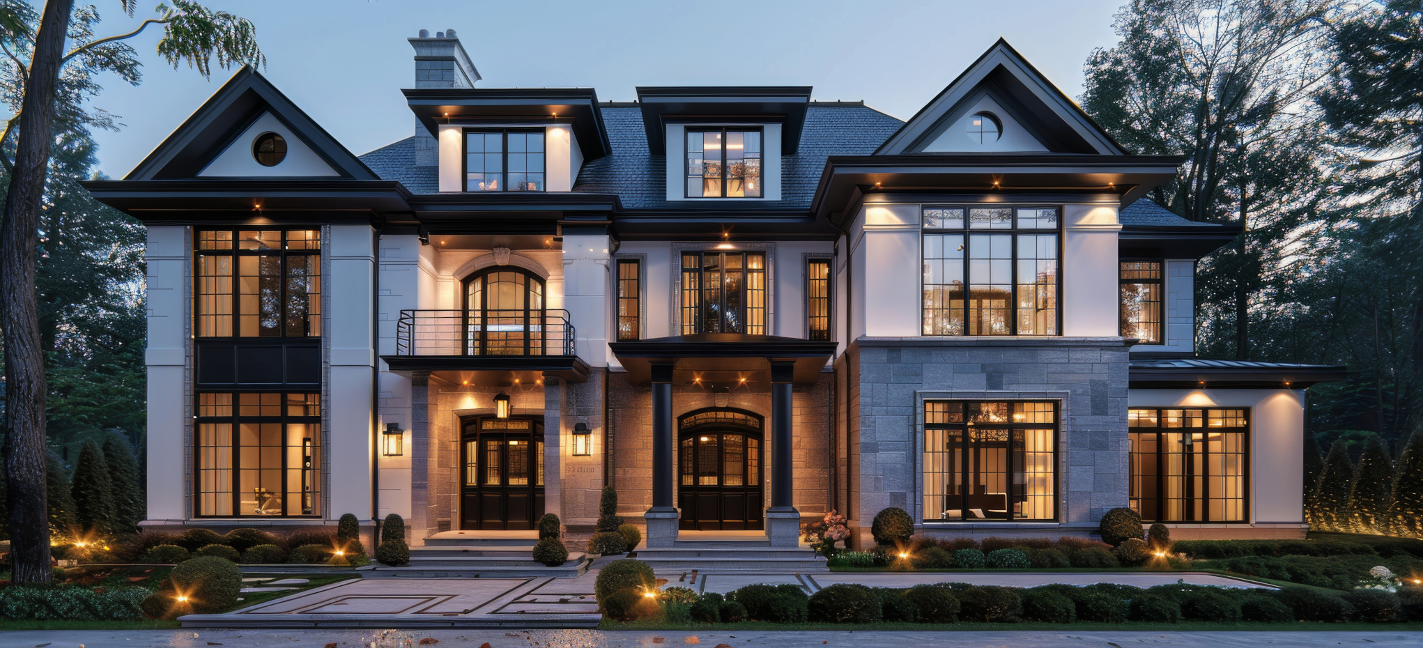 Modern Grey Stone Mansion With Large Windows